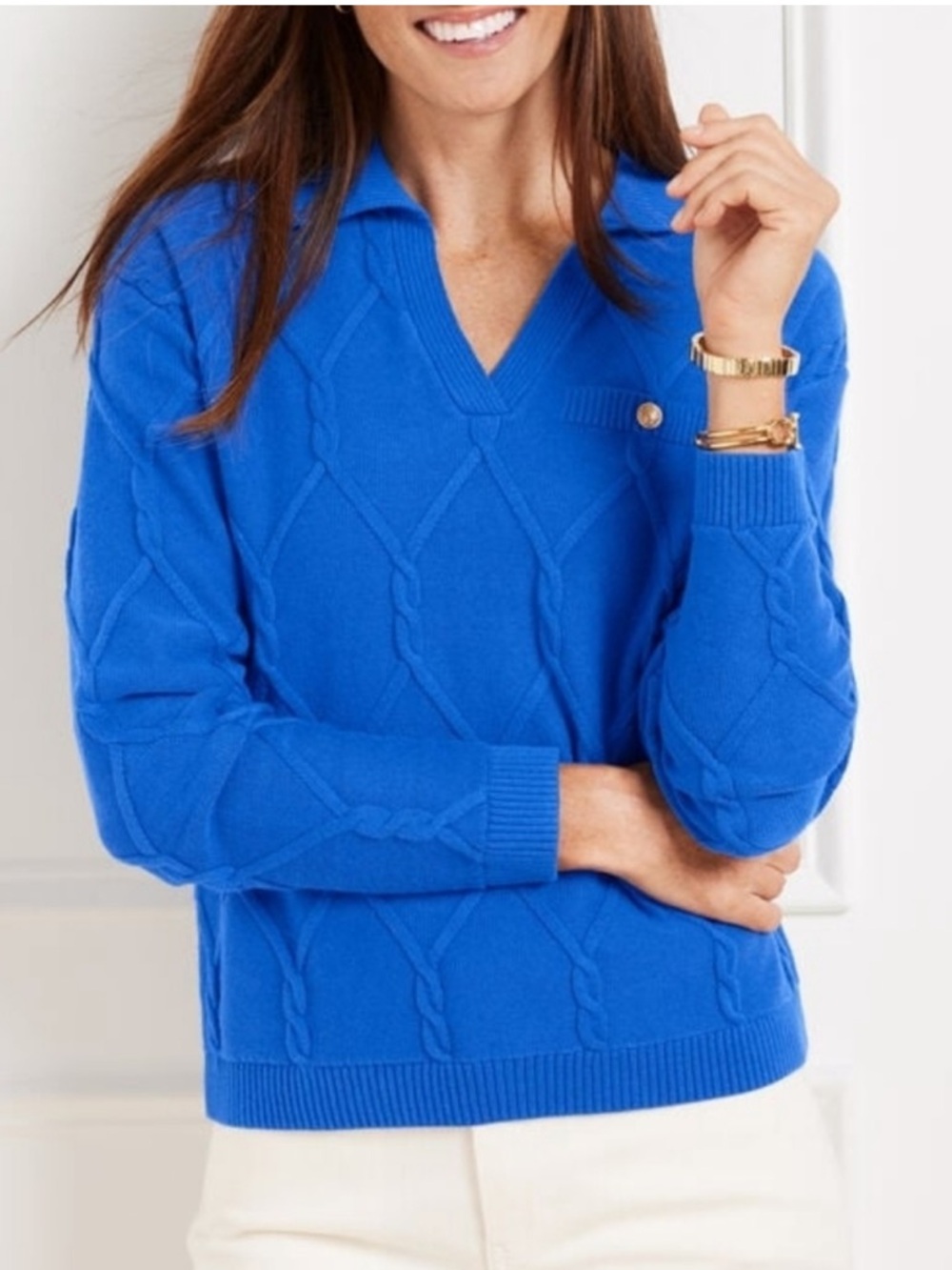 Talbots Lattice Cable Johnny Collared V-neck Knit Sweater in Royal Blue